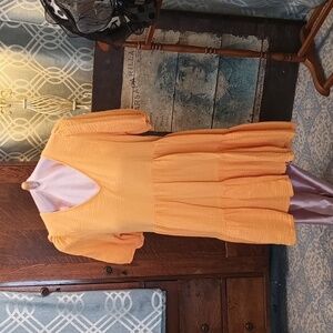 H3-12 Apricot Peach Waffle Deep V Neck Short Puff Sleeve Tiered Babydoll Dress M